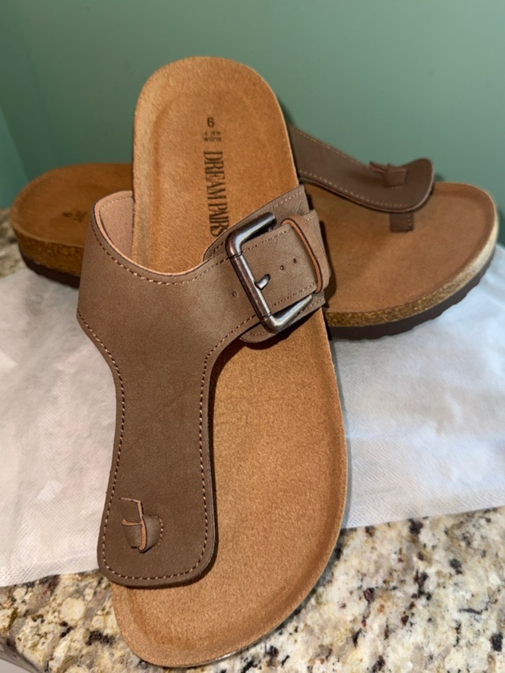 Dream Pairs Brown Thong Cork Slide Sandals with Adjustable Buckle